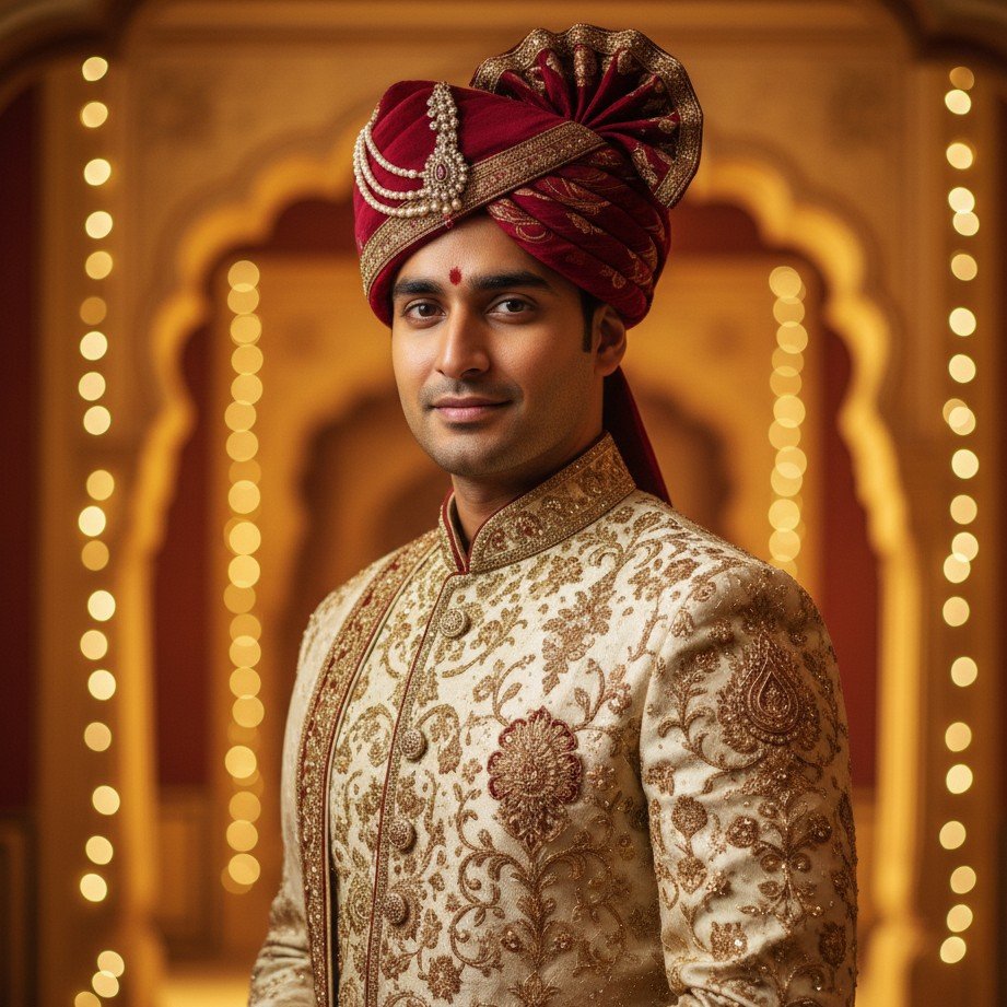 Indian wedding groom portrait with refined sherwani styling and cinematic color.