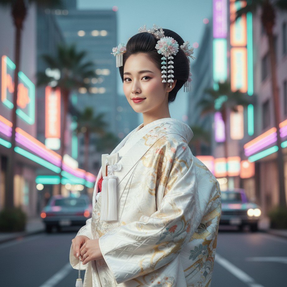 Japanese kimono bridal portrait with a subtle city-pop vibe and refined cinematic lighting.