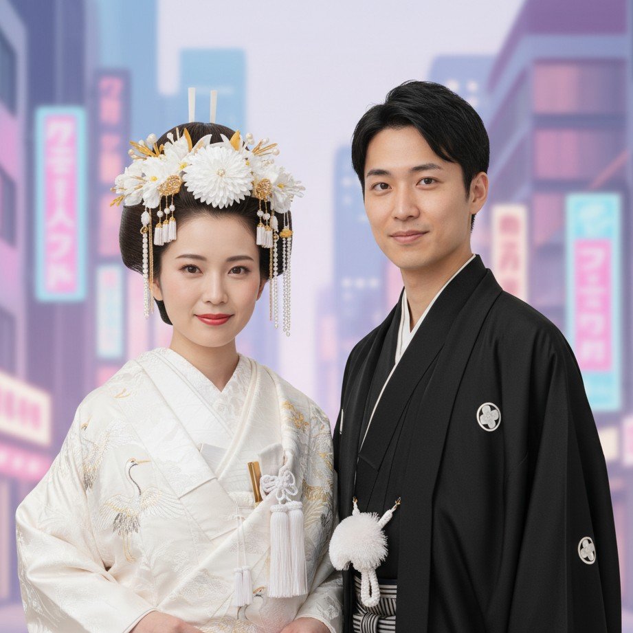 Japanese kimono wedding couple portrait with a subtle city-pop vibe and refined cinematic lighting.