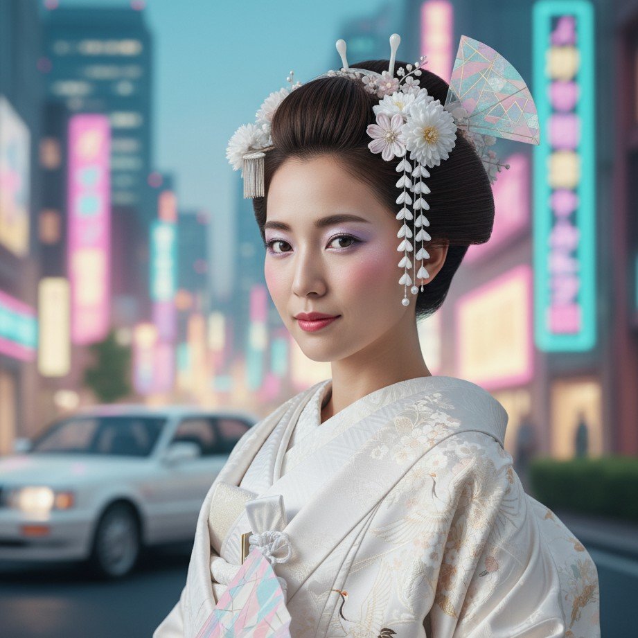 Japanese kimono wedding portrait with a subtle city-pop vibe and refined cinematic lighting.