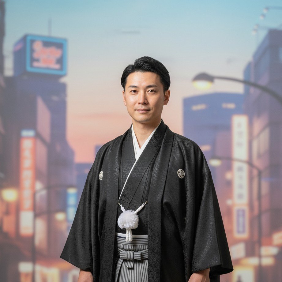Japanese wedding groom portrait with a subtle city-pop vibe and refined cinematic lighting.