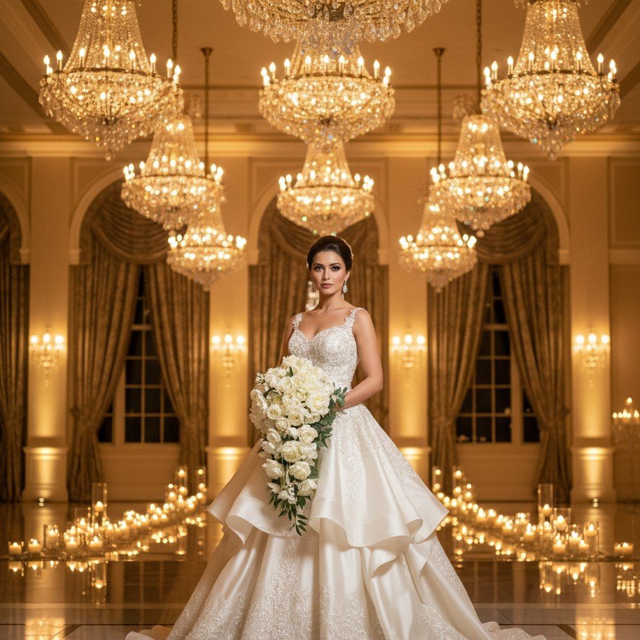 Luxury hotel ballroom bridal portrait with elegant lighting and premium textures.