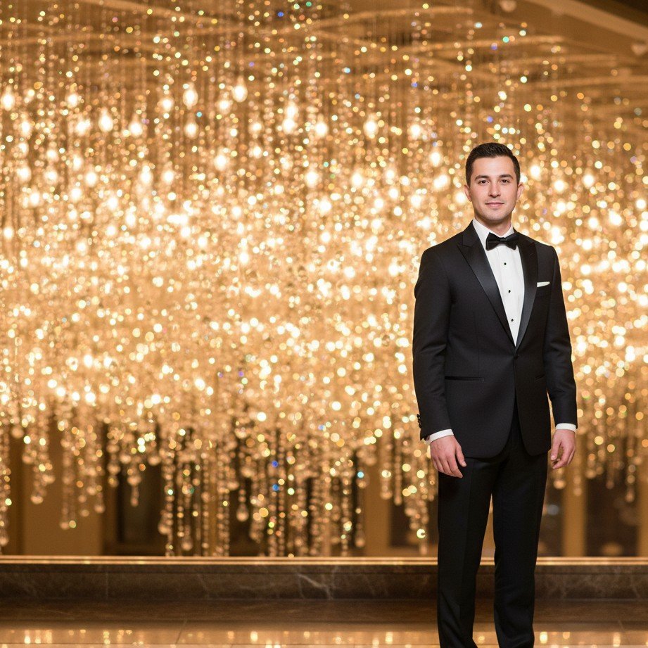 Luxury hotel ballroom groom portrait with black-tie styling and elegant lighting.