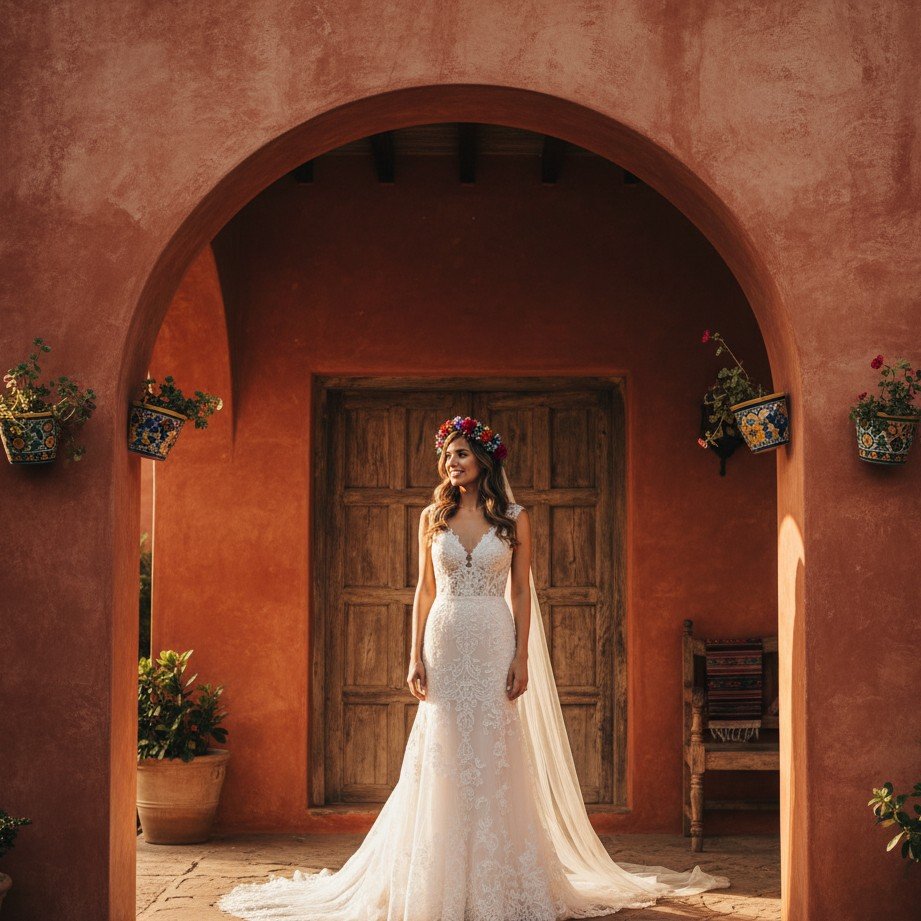 Mexican hacienda bridal portrait with warm sunlight, rustic arches, and vibrant elegance.