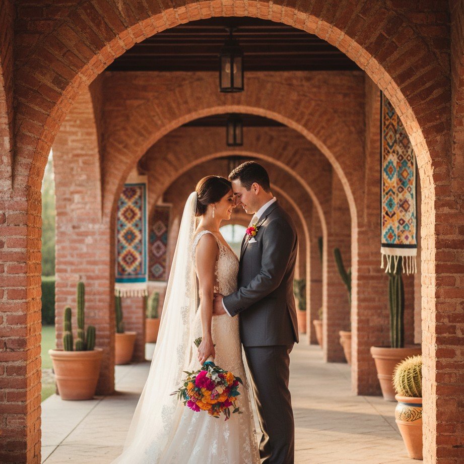 Mexican hacienda wedding couple portrait with warm sunlight, rustic arches, and vibrant elegance.