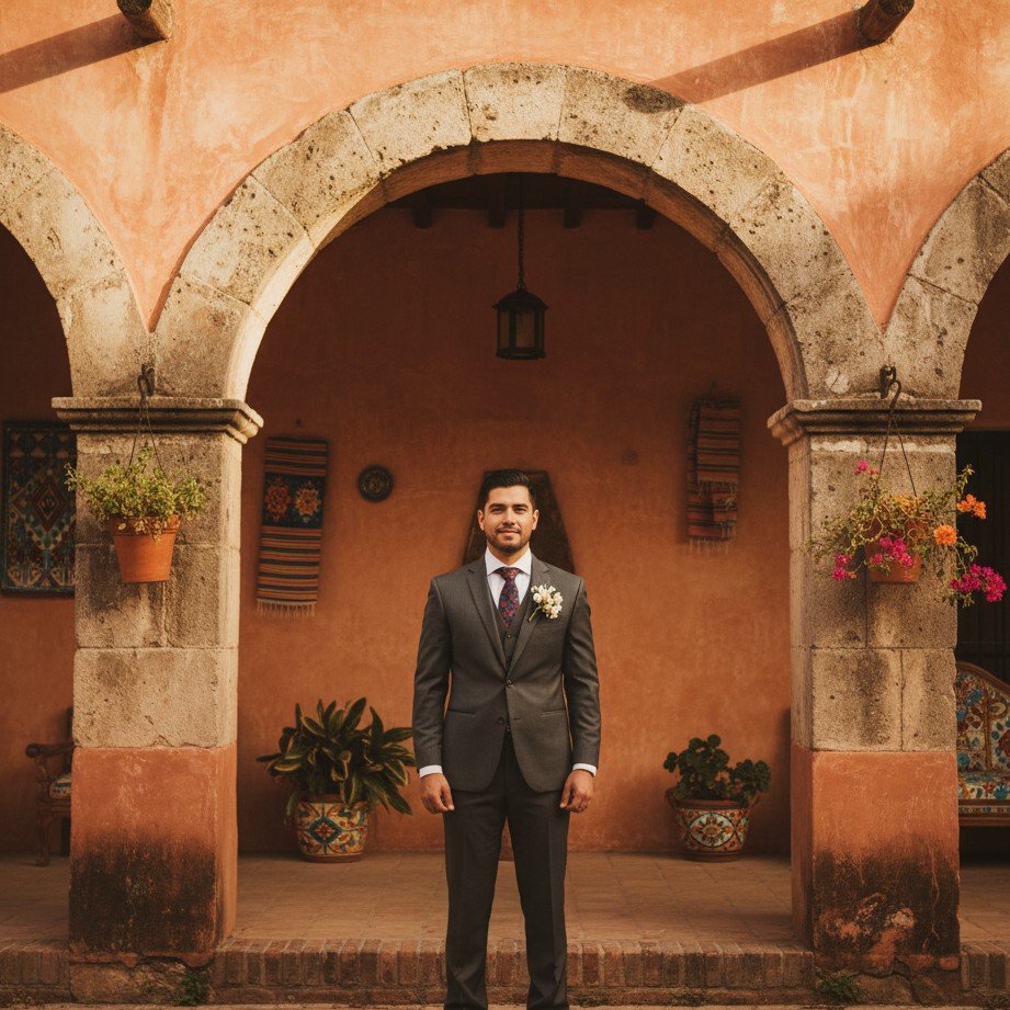 Mexican hacienda groom portrait with warm sunlight, rustic arches, and vibrant elegance.