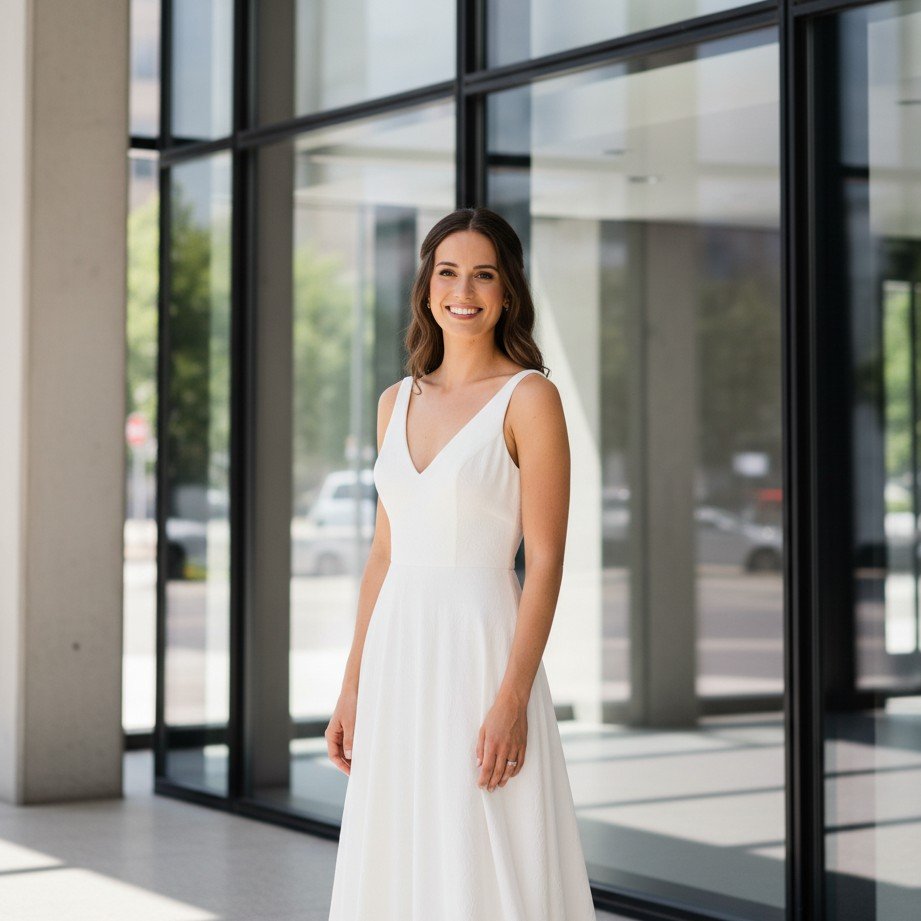 Modern city hall civil wedding bridal portrait with clean architecture and natural light.