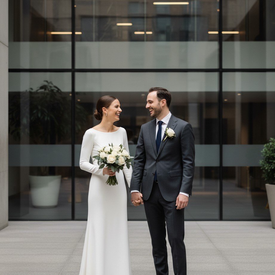 Modern city hall civil wedding couple portrait with clean architecture and natural light.
