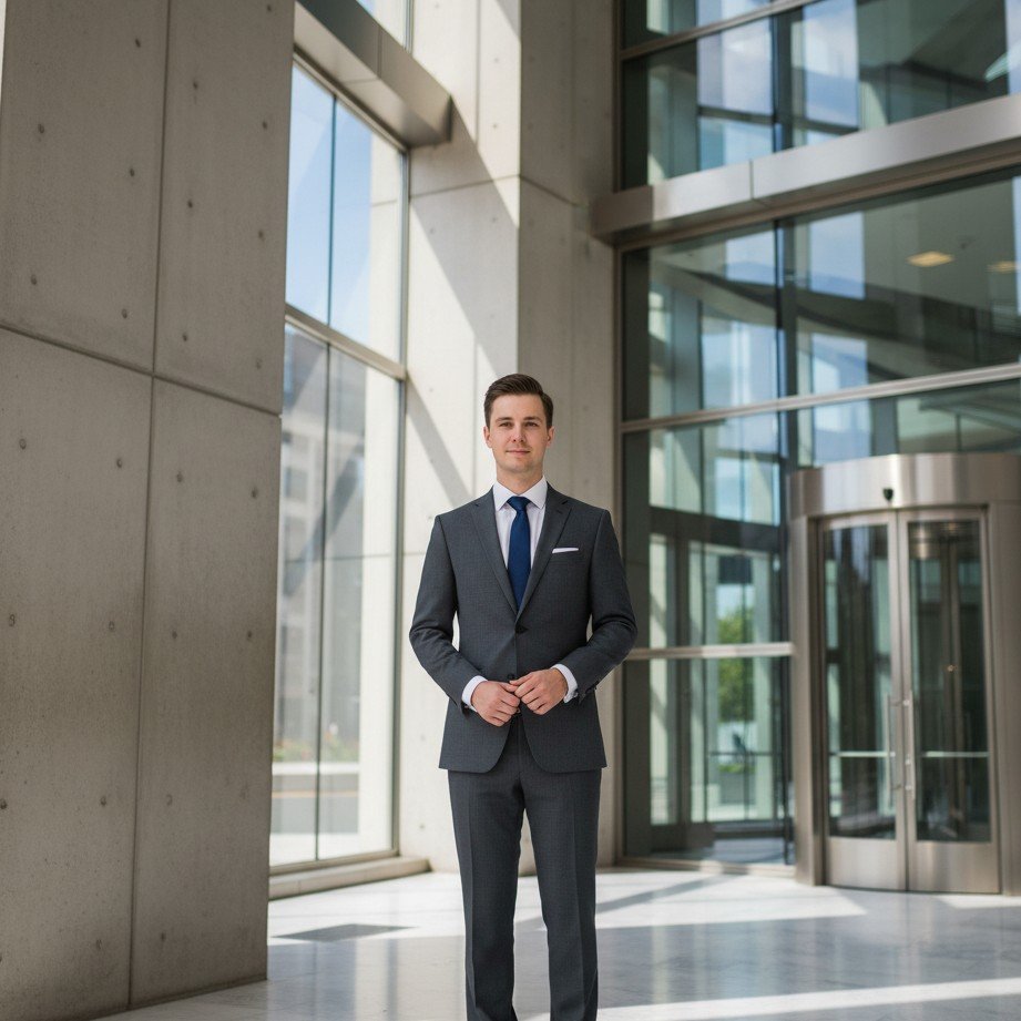 Modern city hall groom portrait with clean architecture and natural light.