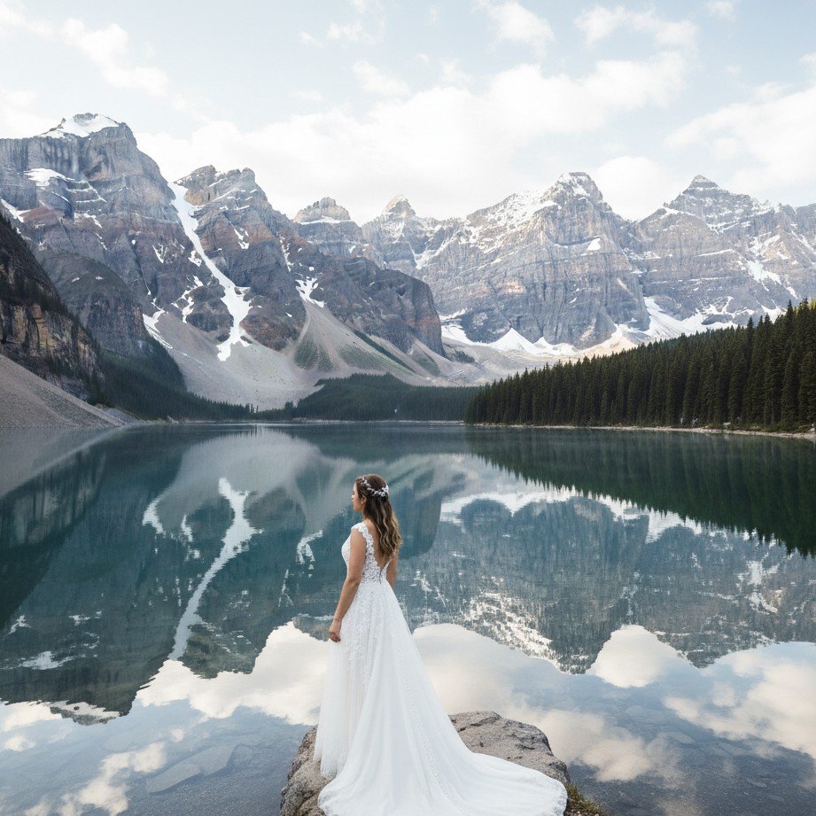 Mountain lake bridal portrait with crisp natural light and breathtaking scenery.