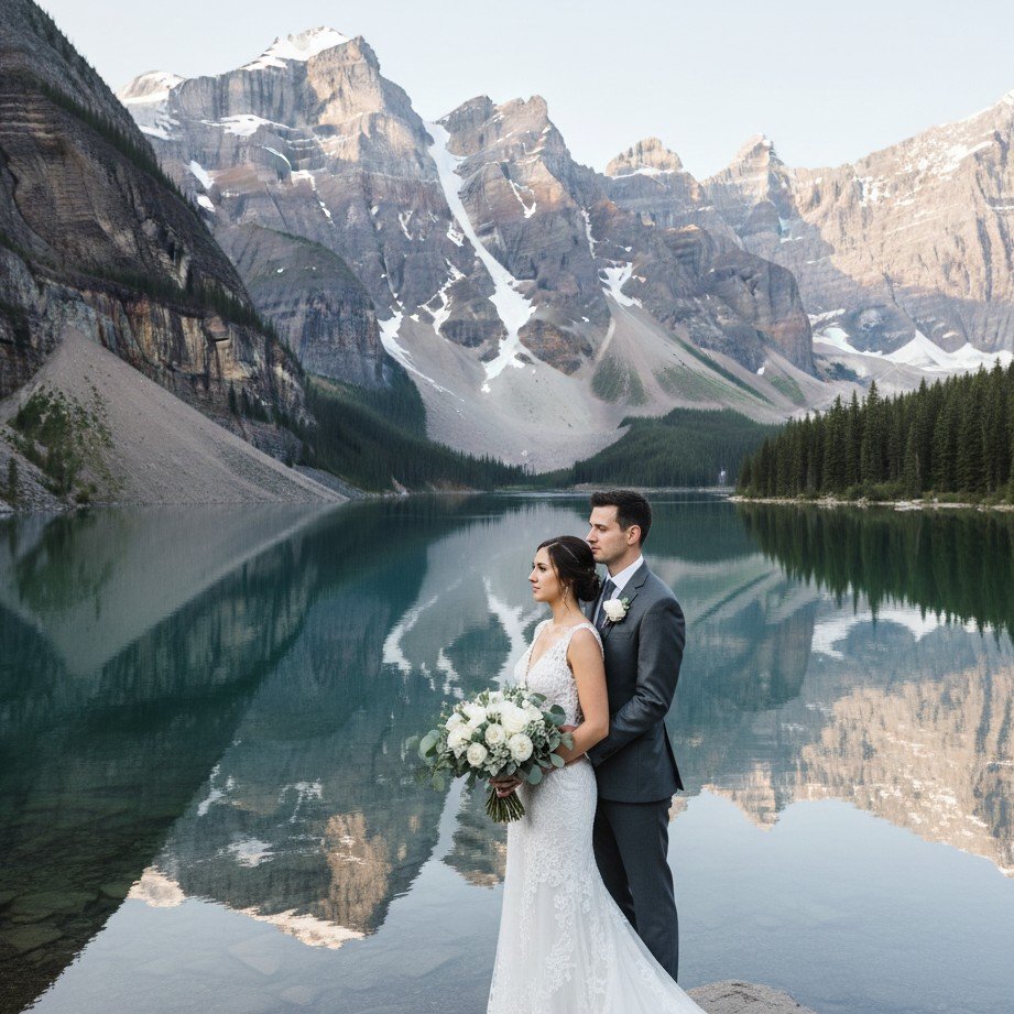 Epic mountain lake wedding couple portrait with crisp natural light and breathtaking scenery.