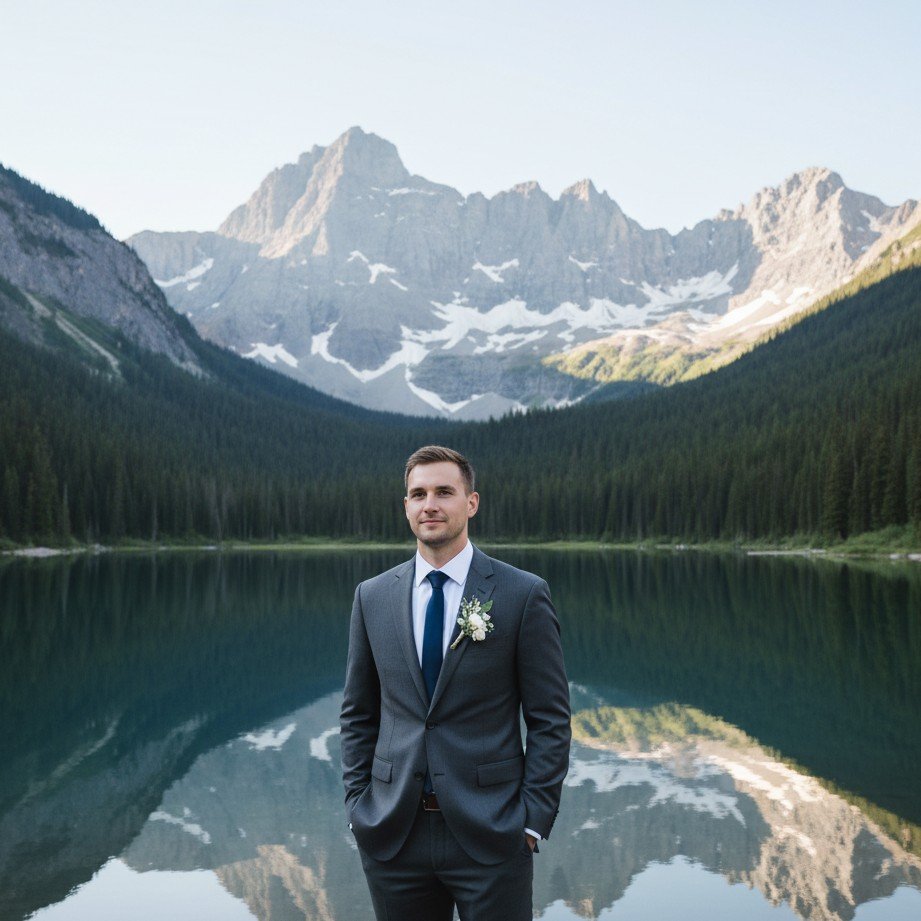 Mountain lake groom portrait with crisp natural light and cinematic scenery.