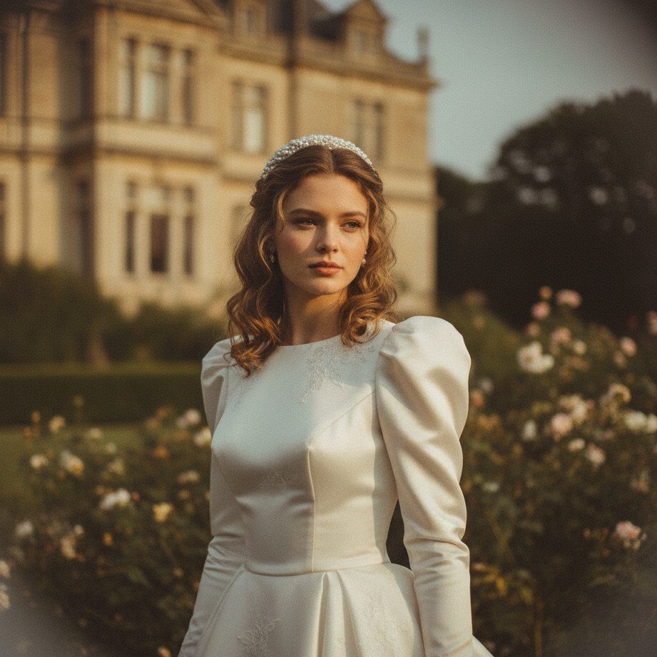 Retro 90s film bridal portrait with nostalgic grain, subtle flash vibe, and editorial composition.