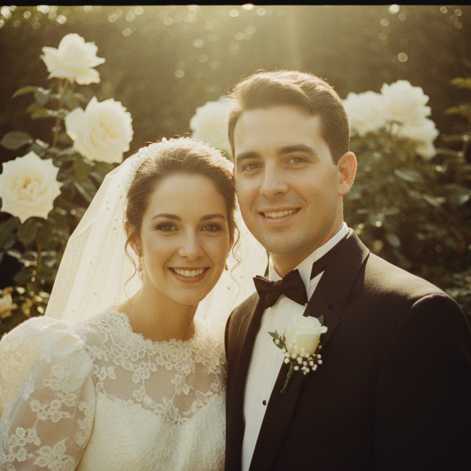 Retro 90s film wedding portrait with nostalgic grain, flash vibe, and editorial composition.