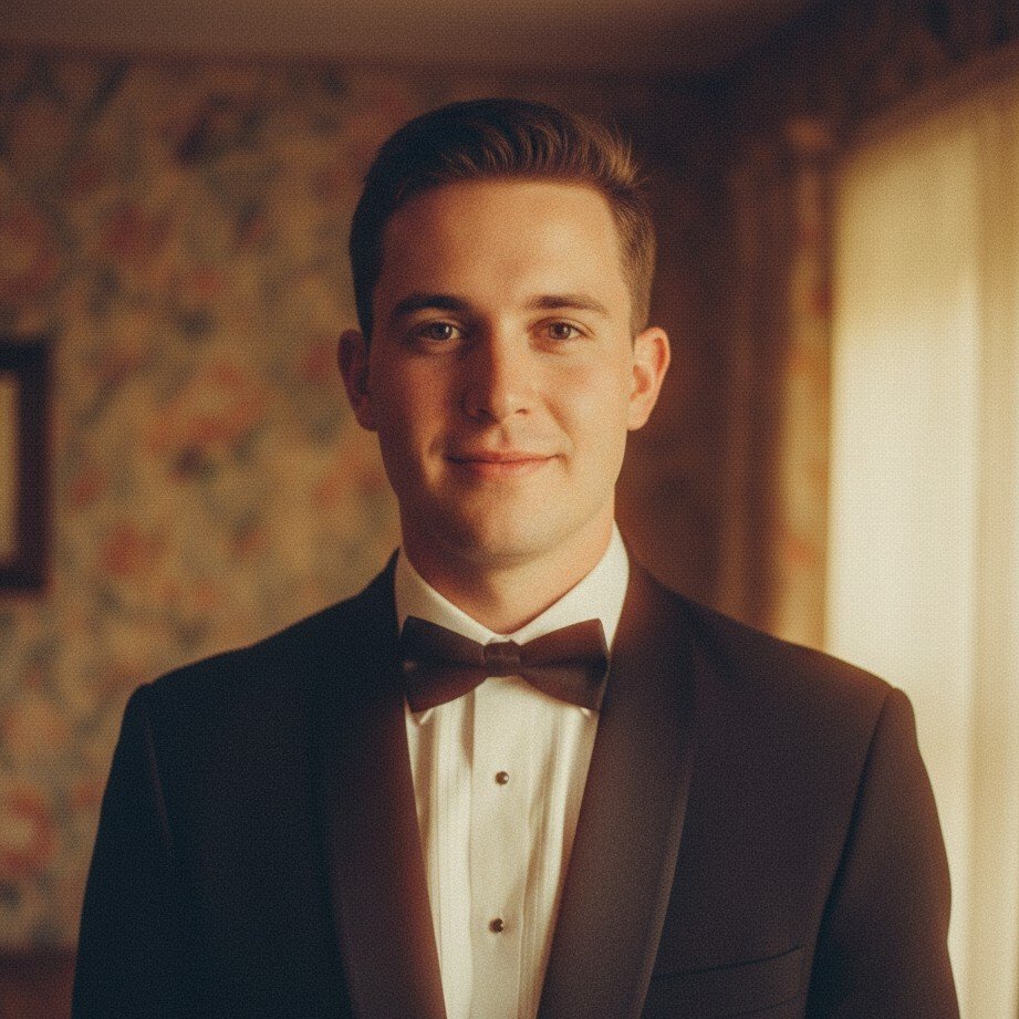 Retro 90s film groom portrait with nostalgic grain, subtle flash vibe, and editorial composition.
