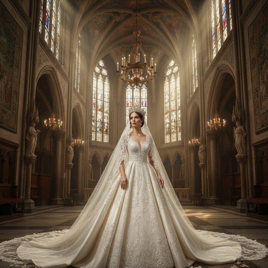 First communion portrait idea in a cathedral with a white ceremonial dress