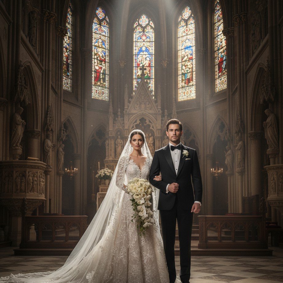 First communion ceremony portrait in a grand church interior