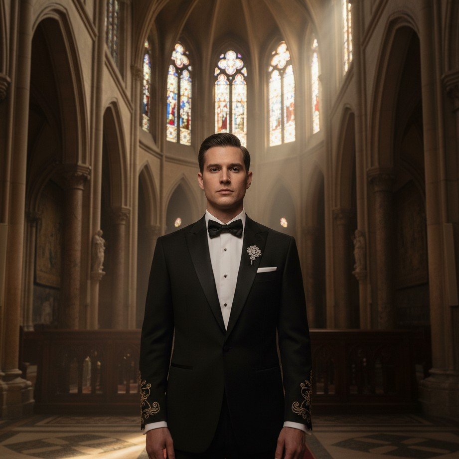 First communion portrait idea featuring a formal suit in church lighting