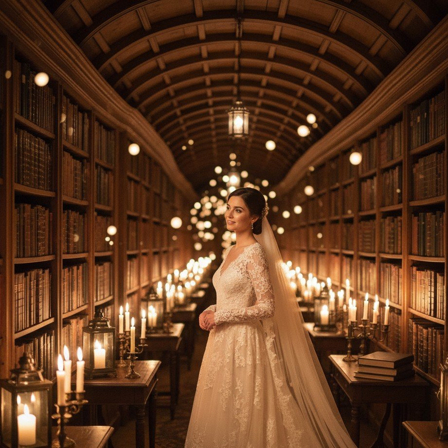 Storybook library bridal portrait with warm candlelight, vintage books, and romantic atmosphere.