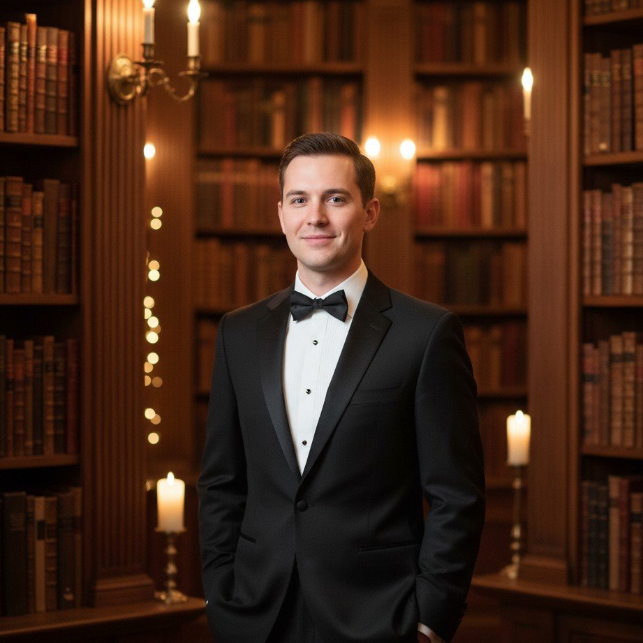 Storybook library groom portrait with warm candlelight and refined classic styling.