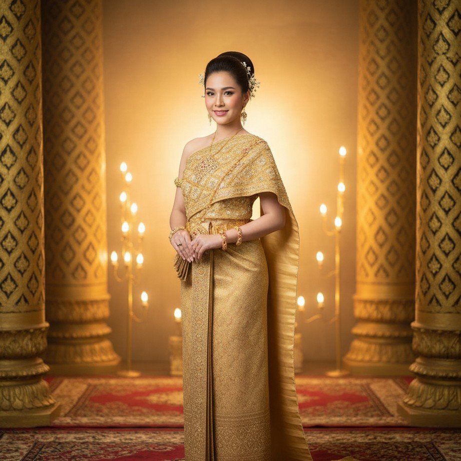 Thai traditional bridal portrait with elegant cultural attire and warm ceremonial lighting.