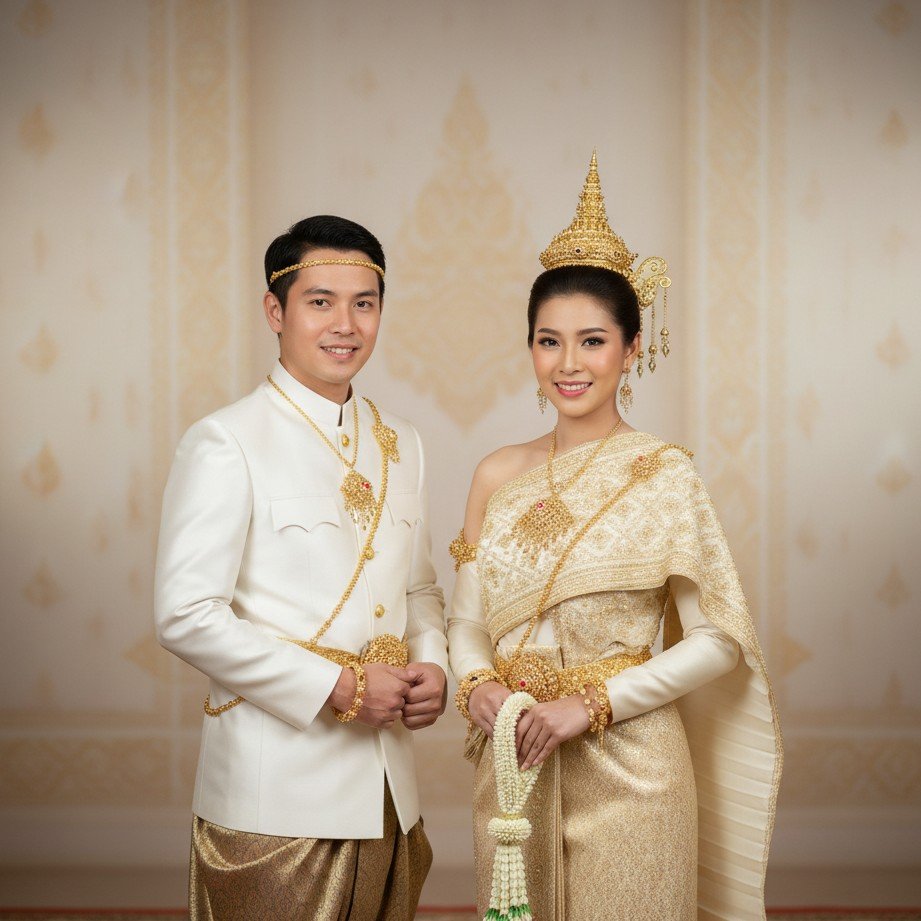 Thai traditional wedding couple portrait with elegant cultural attire and warm ceremonial lighting.