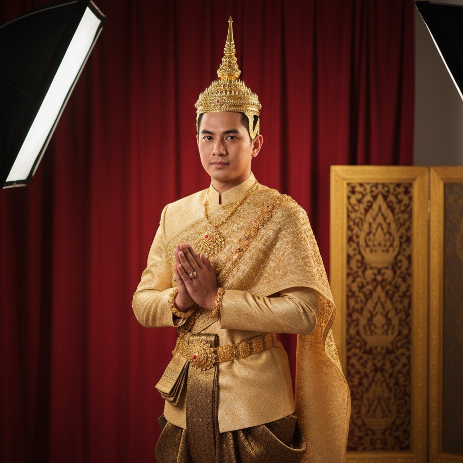 Thai traditional groom portrait with elegant cultural attire and warm ceremonial lighting.