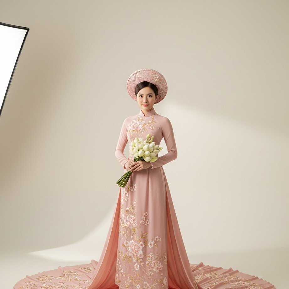 Vietnamese ao dai bridal portrait with elegant traditional outfit and modern cinematic light.