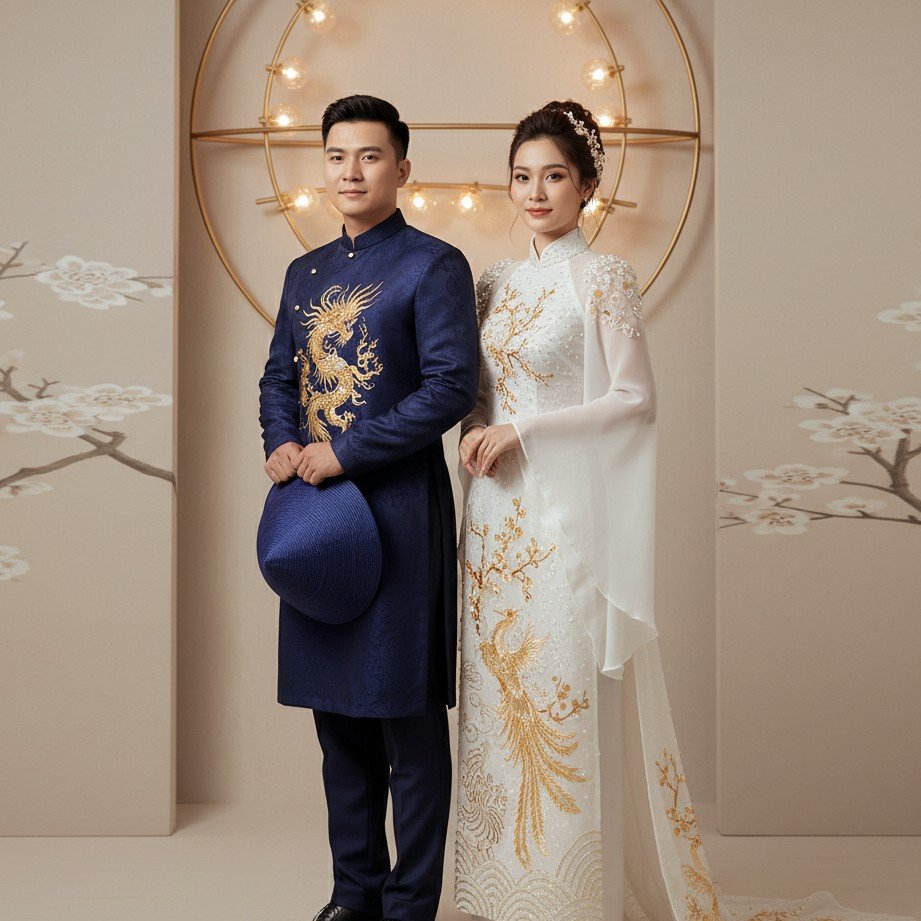 Vietnamese ao dai wedding couple portrait with elegant traditional outfits and modern cinematic light.