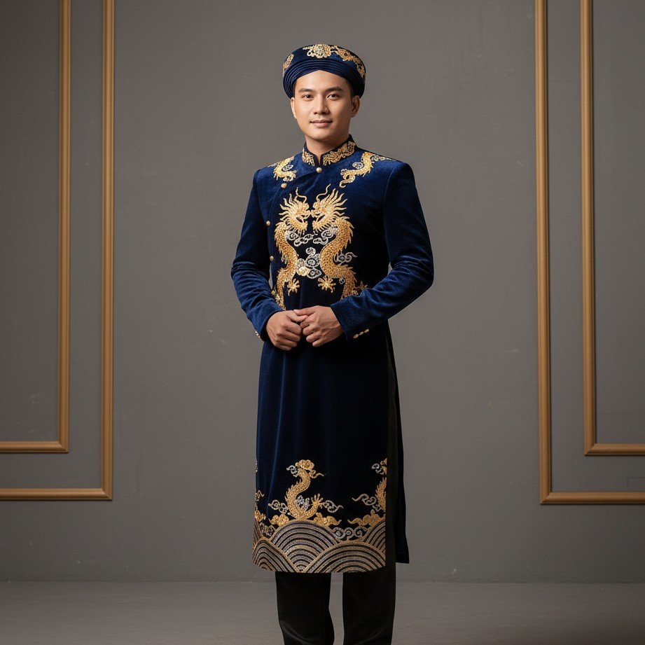 Vietnamese ao dai groom portrait with elegant traditional outfit and modern cinematic light.