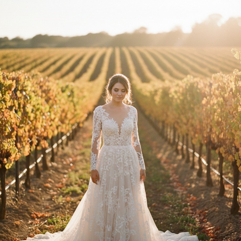 Vineyard golden hour bridal portrait with warm sunlight and romantic countryside vibes.