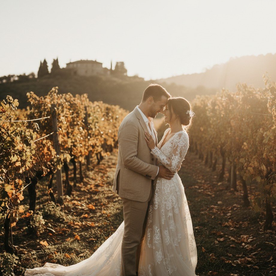 Vineyard golden hour wedding couple portrait with warm sunlight and romantic countryside vibes.