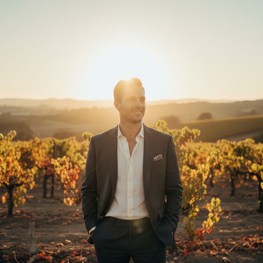 Vineyard golden hour groom portrait with warm sunlight and romantic countryside vibes.