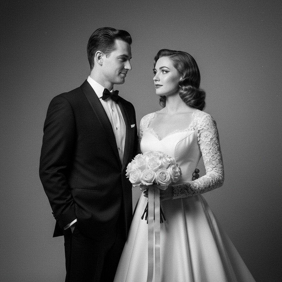 Old Hollywood glam wedding couple portrait with classic studio lighting and elegant editorial vibe.