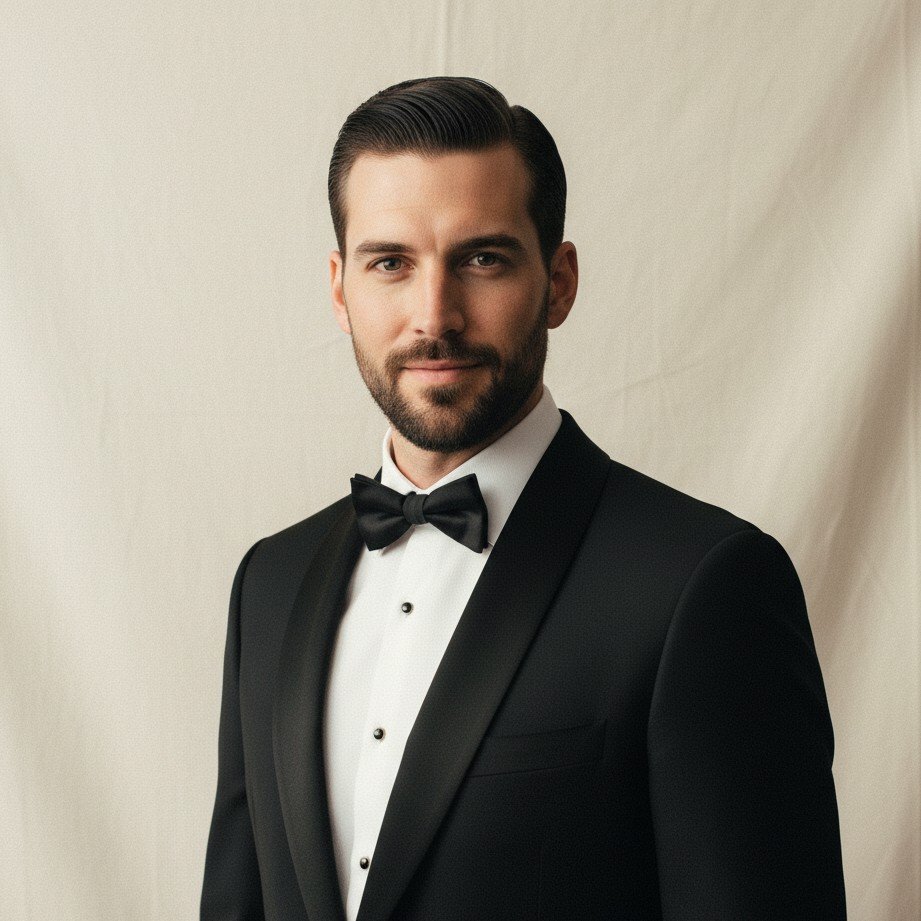Old Hollywood glam groom portrait with classic studio lighting and refined editorial vibe.