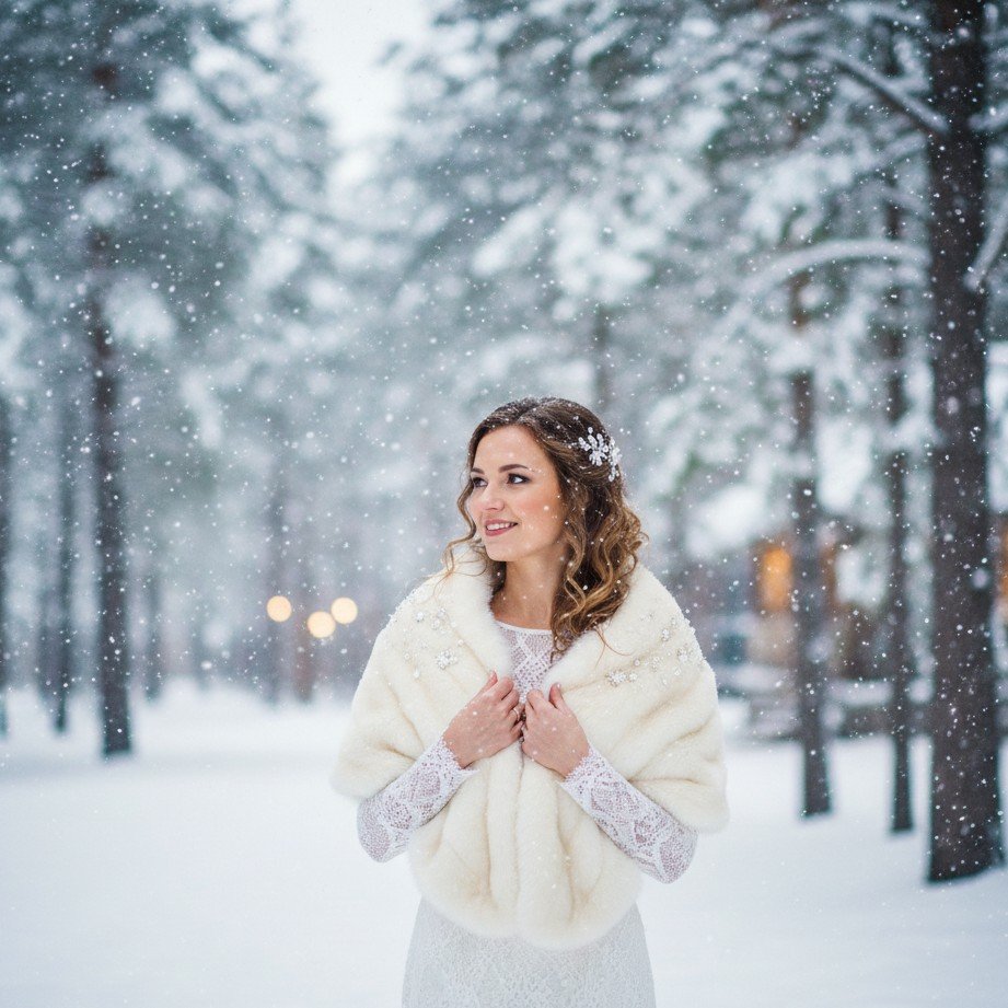 Winter snow bridal portrait with cozy styling and soft snowy atmosphere.