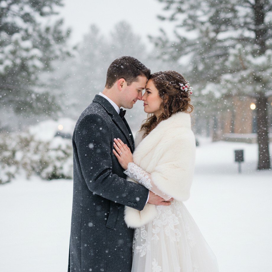 Winter snow wedding couple portrait with cozy styling and soft snowy atmosphere.