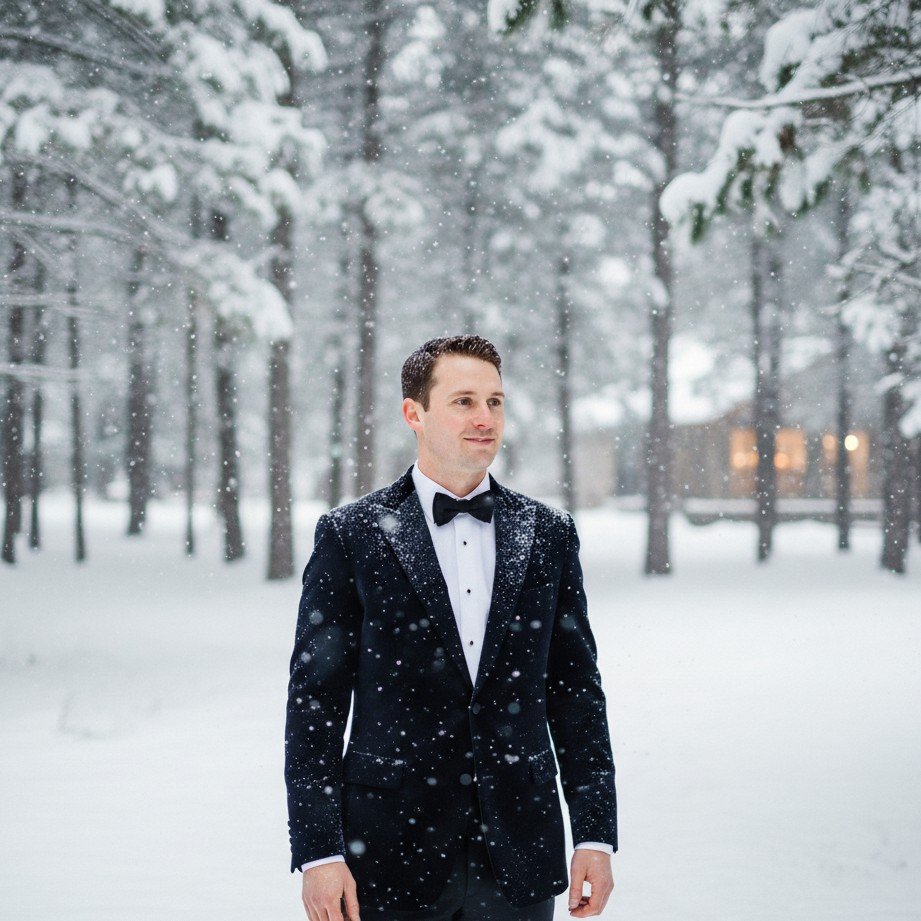 Winter snow groom portrait with cozy styling and soft snowy atmosphere.