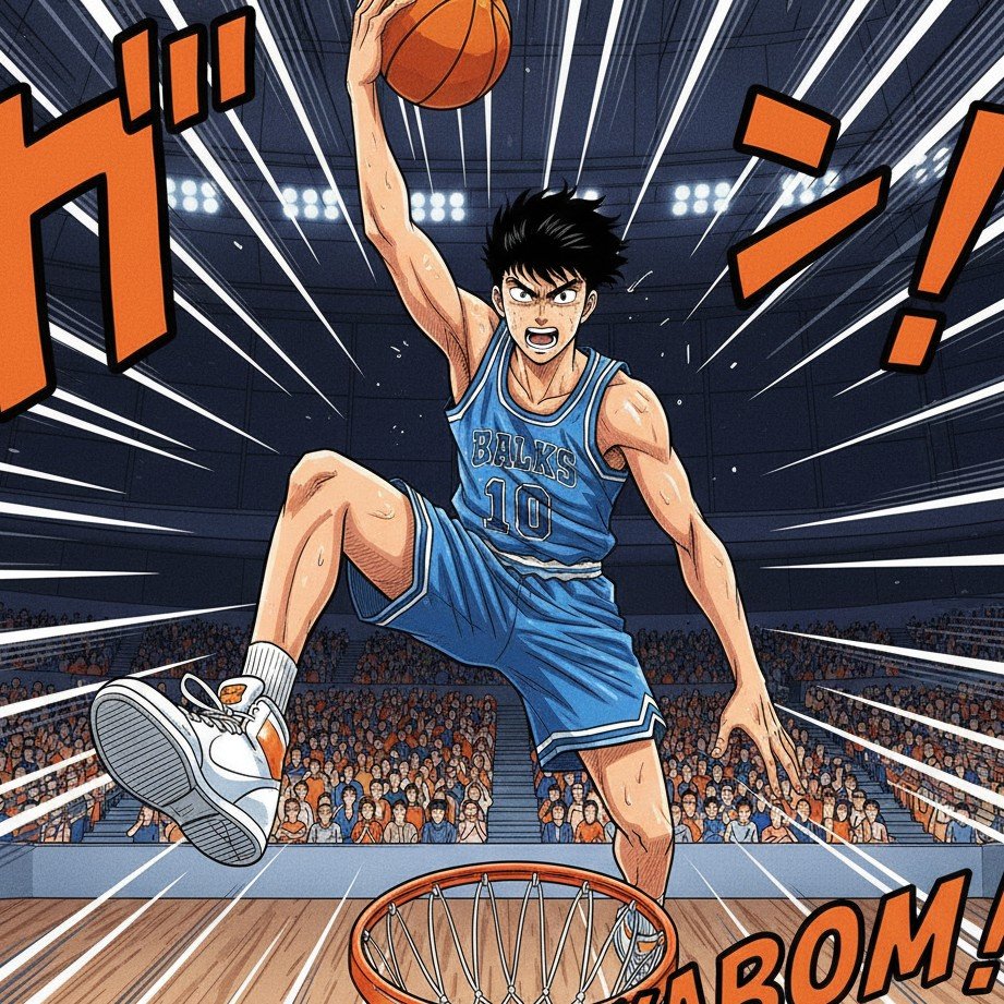 Aktionsrahmen eines Anime-Stil-Basketball-Himmelsdunks
