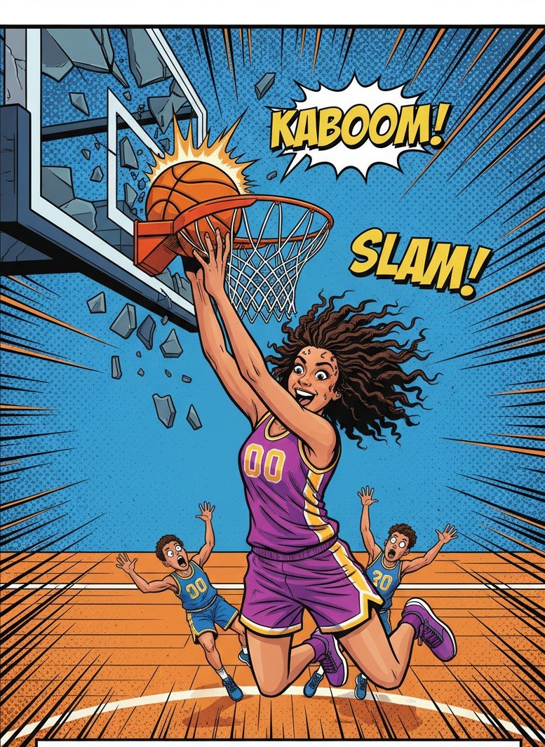 Übertriebenes Comic-Stil-Basketball-Slam-Meme-Visual
