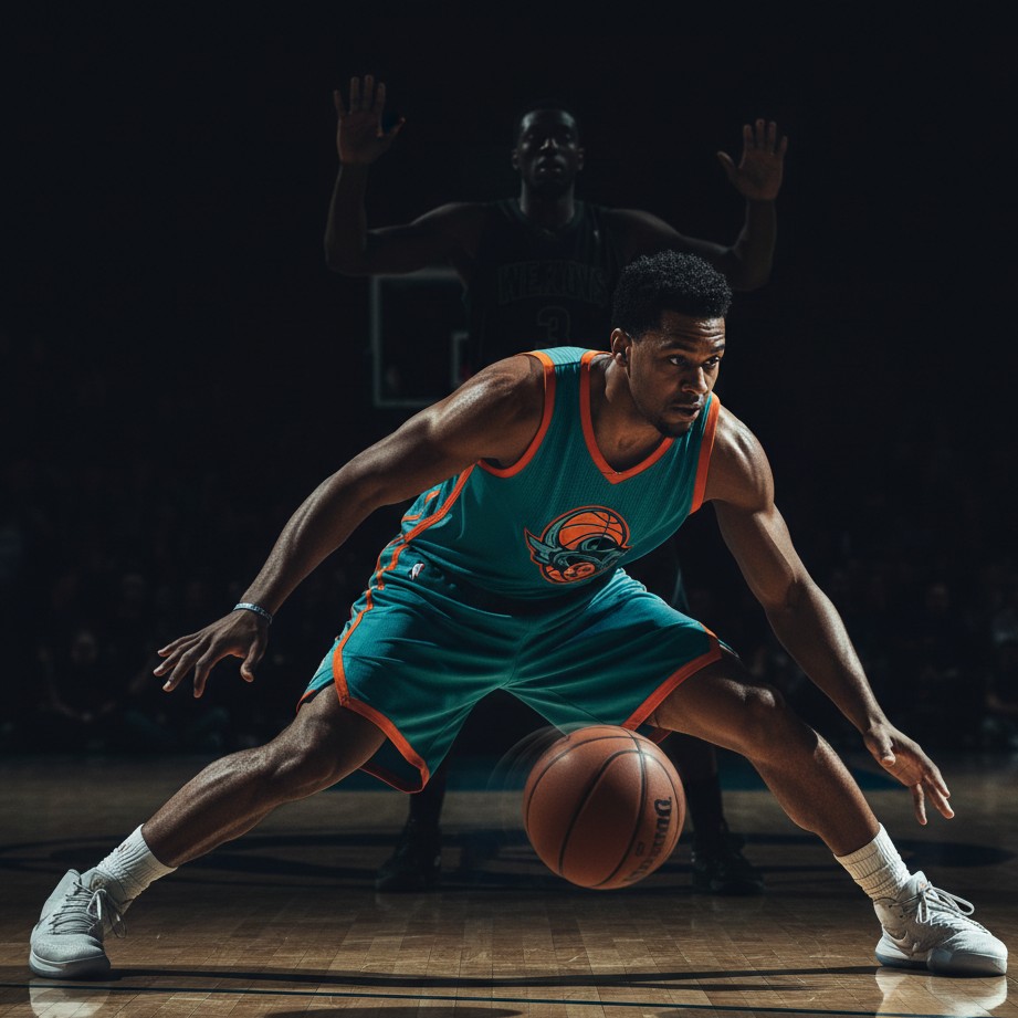 Basketball-Crossover-Dribbling-Aktion, eingefroren in kinematischem Detail