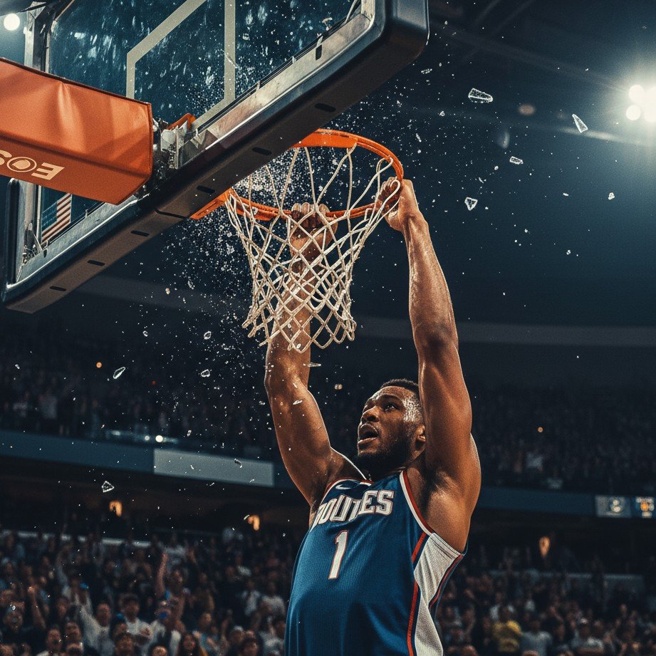 Explosive Basketball-Dunk-Szene mit kinematischem Splittereffekt