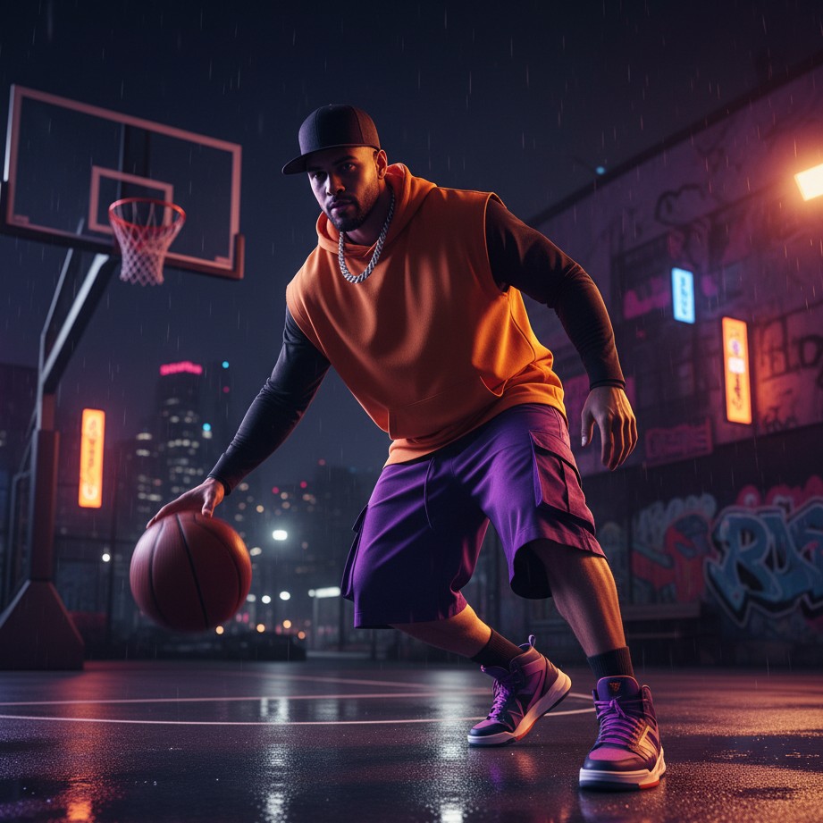 Nächtliches Streetball-Porträt mit Neon-Court-Reflexionen