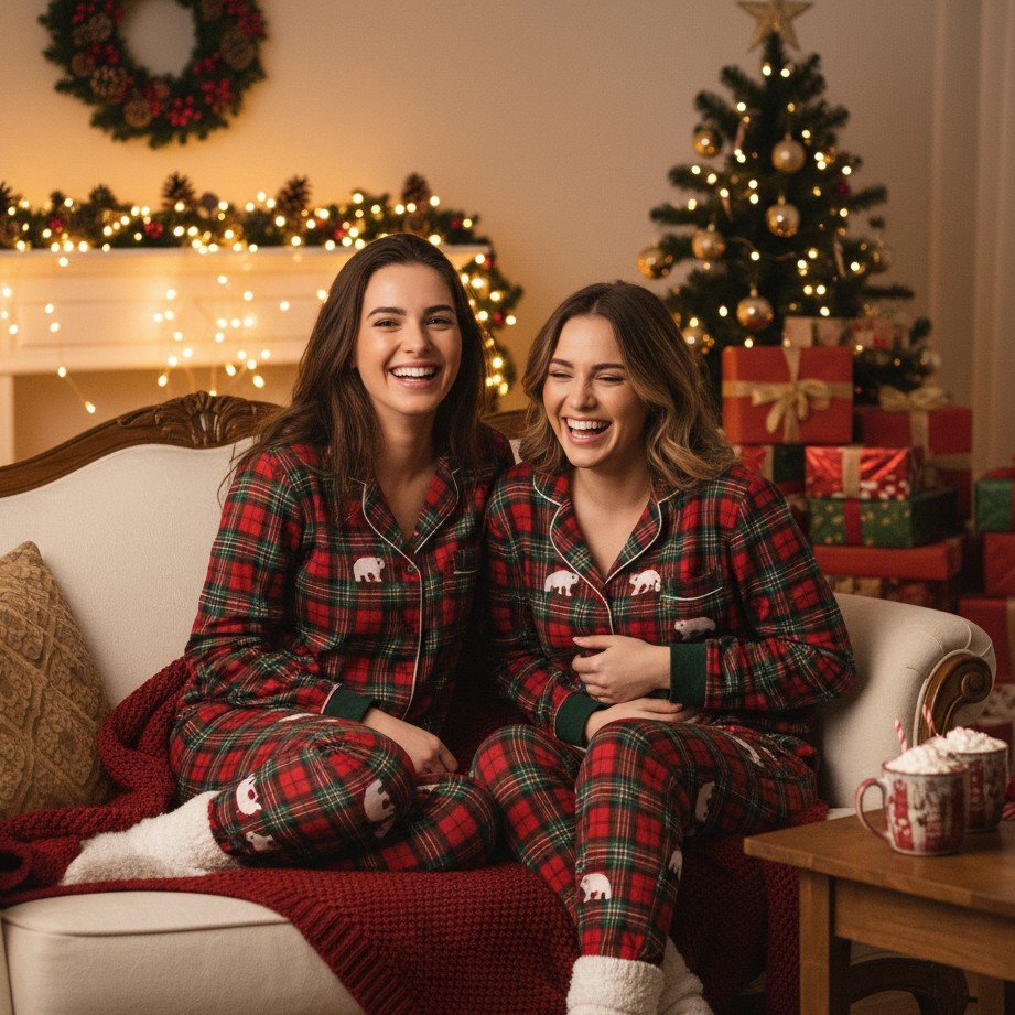 best friend christmas photoshoot ideas with matching pajamas and cozy couch setup