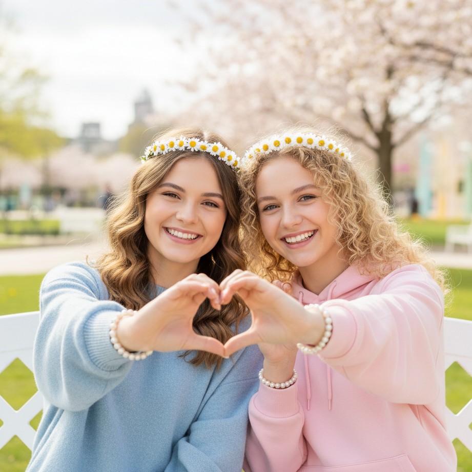cute best friend photoshoot ideas with heart hands pose on a bench