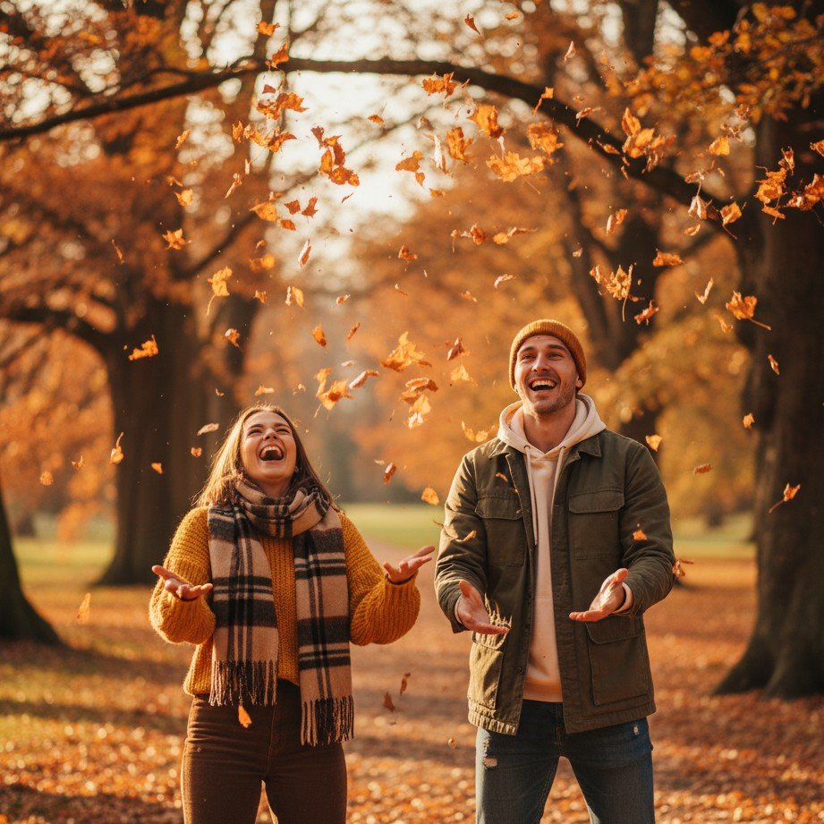 best friend fall photoshoot ideas in park with autumn leaves and warm tones