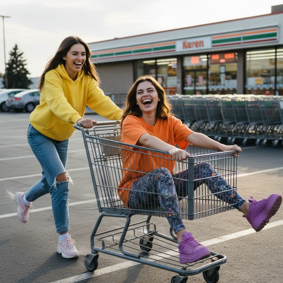 funny best friend photoshoot ideas with playful shopping cart race motion