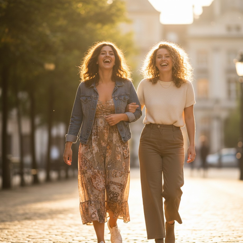 ideas for best friend photoshoot with a natural golden hour walking pose
