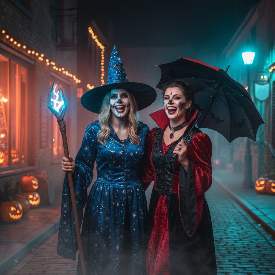 best friend halloween photoshoot ideas with coordinated duo costumes at night