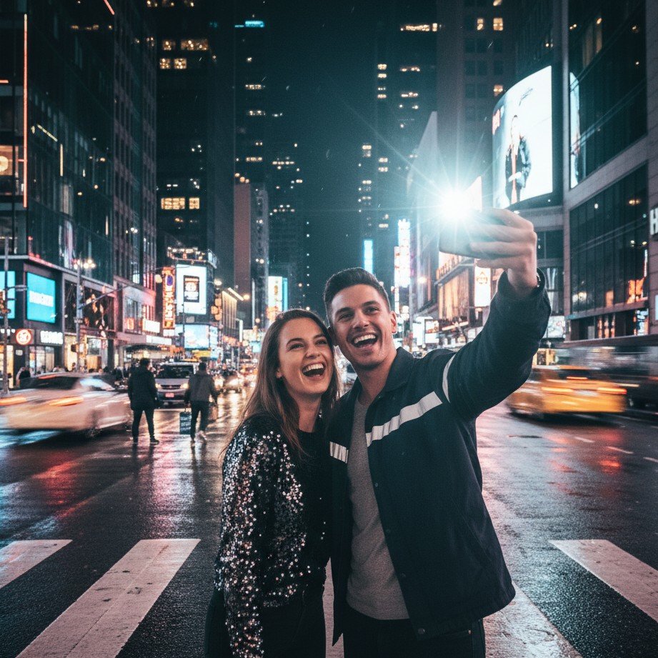 best friends photoshoot ideas at night with direct flash city crosswalk style